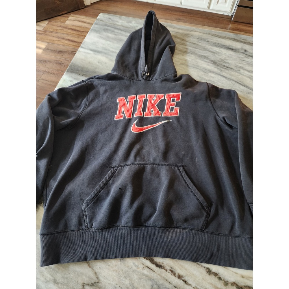 Nike Spellout Swoosh Pullover Hoodie Faded Black Red Mens XL Distressed Thrashed